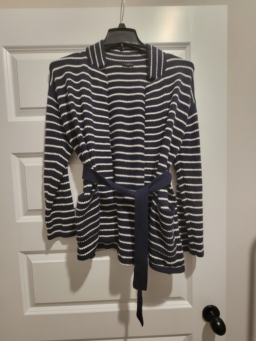 Striped Navy and White Belted Cardigan Sweater